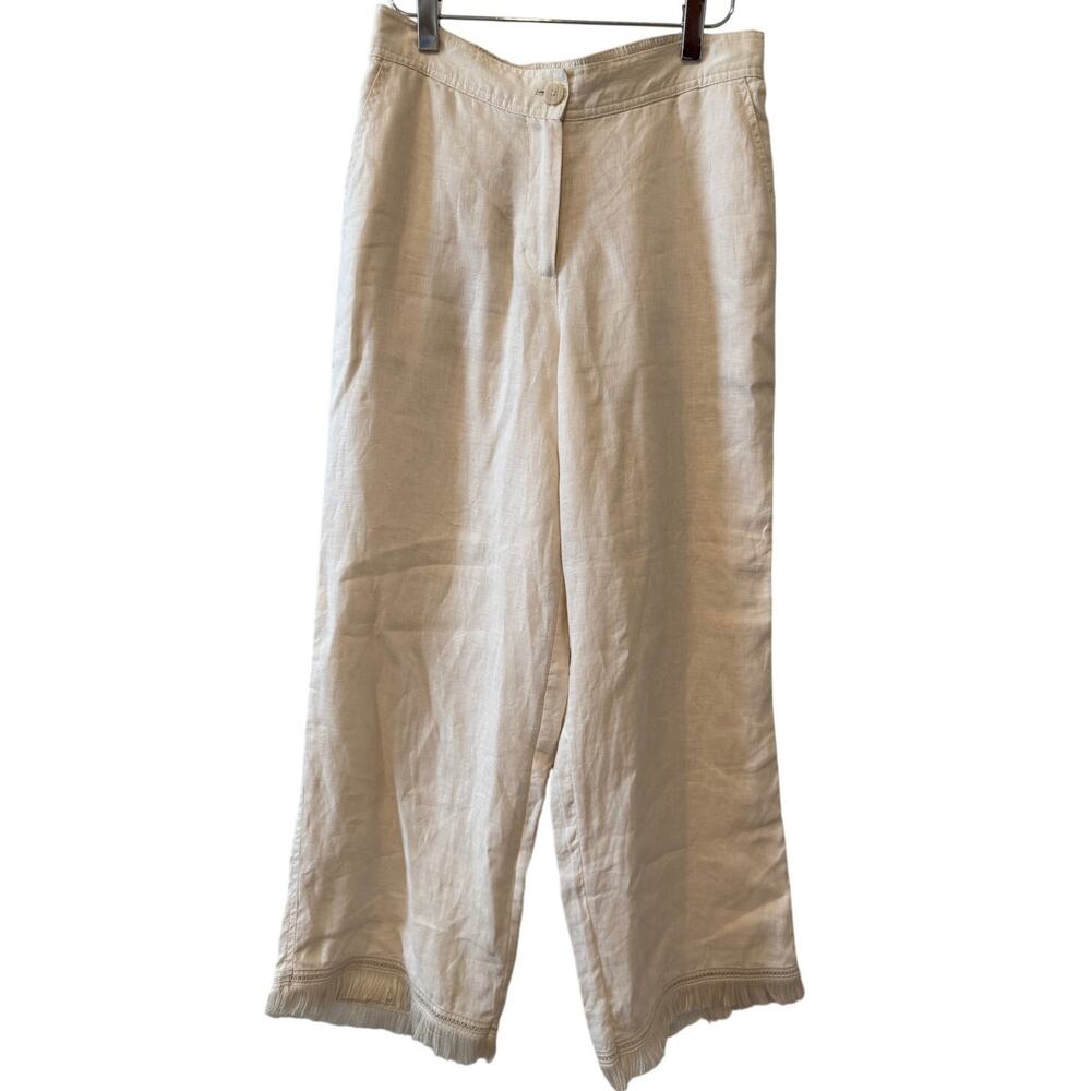 Elie Tahari Italian Linen Wide Leg Cropped Fringe Pants Cream 4